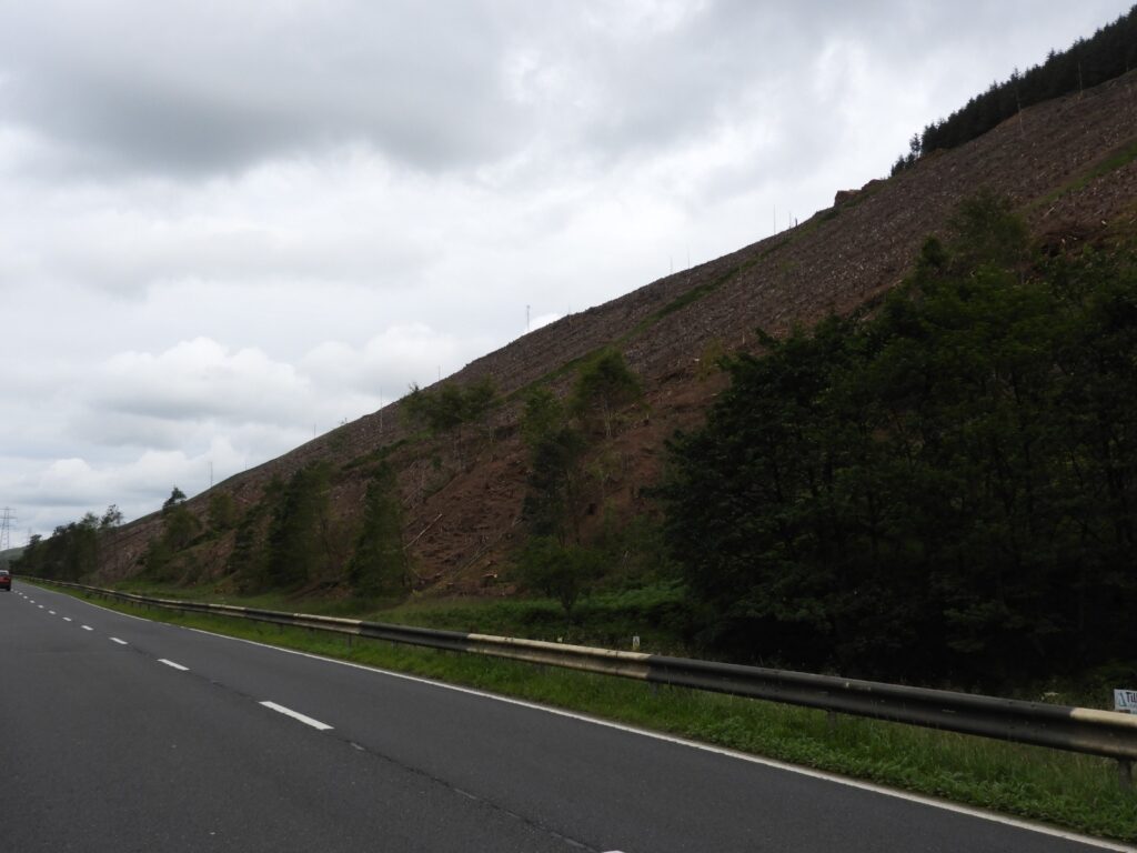 Perfect site to show advantages of the traction aid winch. View of the felled hillside from the A7.
