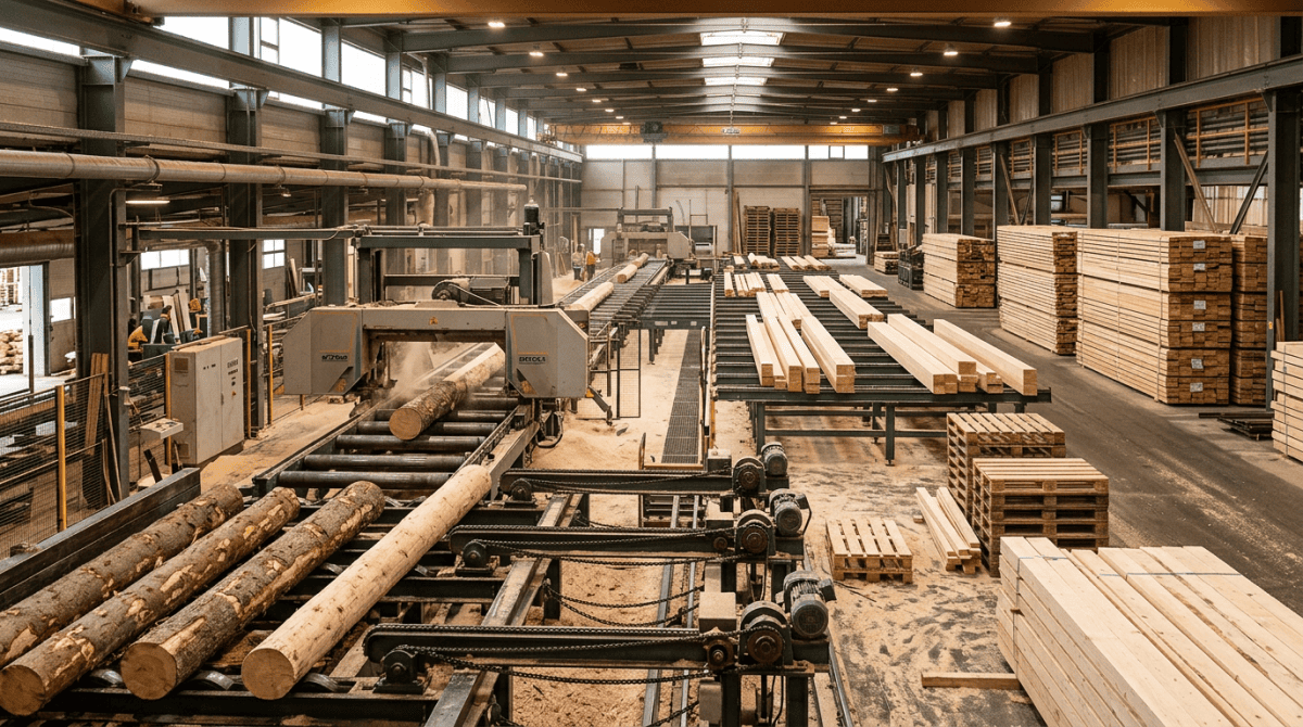 Modern timber processing and lumber production facility Industrial sawmill processing logs into stacked lumber and wooden pallets