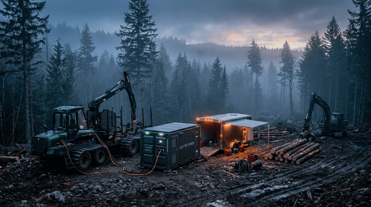 ELECTRIC PUMPS container, forestry machinery, logs, and work trailer in misty forest