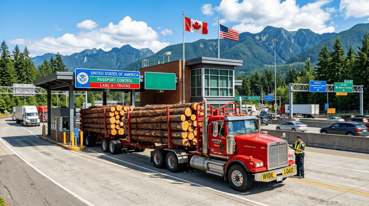 Cross-border timber inspection at Washington entry Timber truck at U.S. passport control, with Canadian and U.S. flags