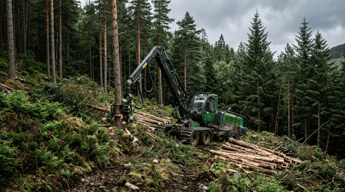 Forestry harvester on woodland slope Forestry harvester on woodland slope